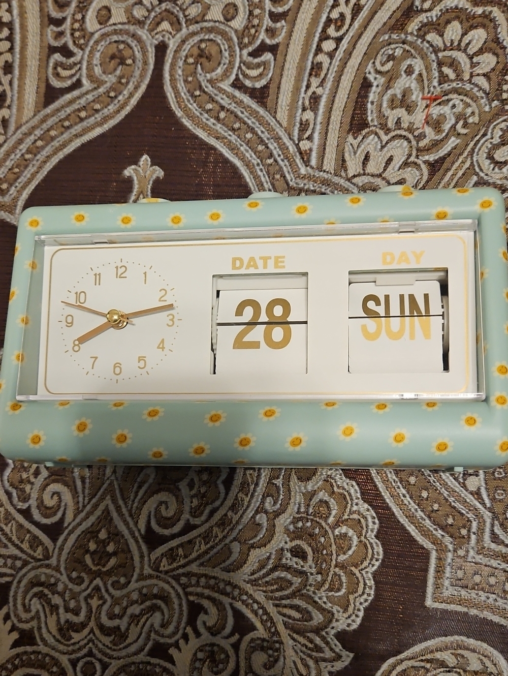 Mint Green Floral Perpetual Desk Clock with Date and Day Runs Off Batteries.